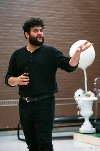 Photo of Kareem as Chrysale in a rehearsal of The Learned Ladies
